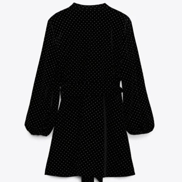 ZARA Black Velvet Shirt Dress With Tie-Waist and Tiny Gold Metal Grommets - Picture 4 of 11